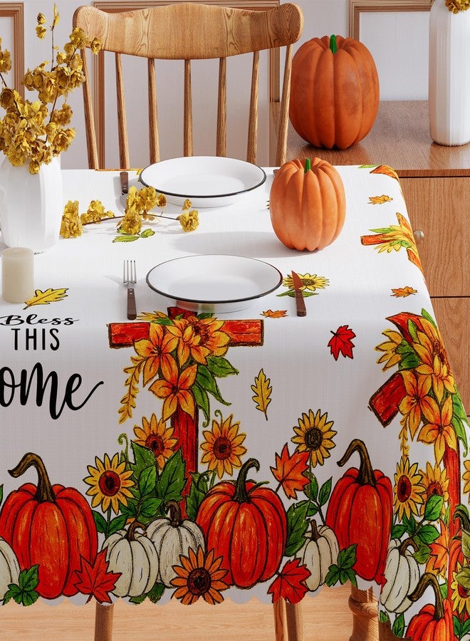 Siilues Fall Tablecloth 60x84 Inch Rectangle, Cross Pumpkins Table Cloth Seasonal Autumn Bless This Home Home Decor Waterproof Scalloped Edge Picnic Dining Table Cover - Image 1